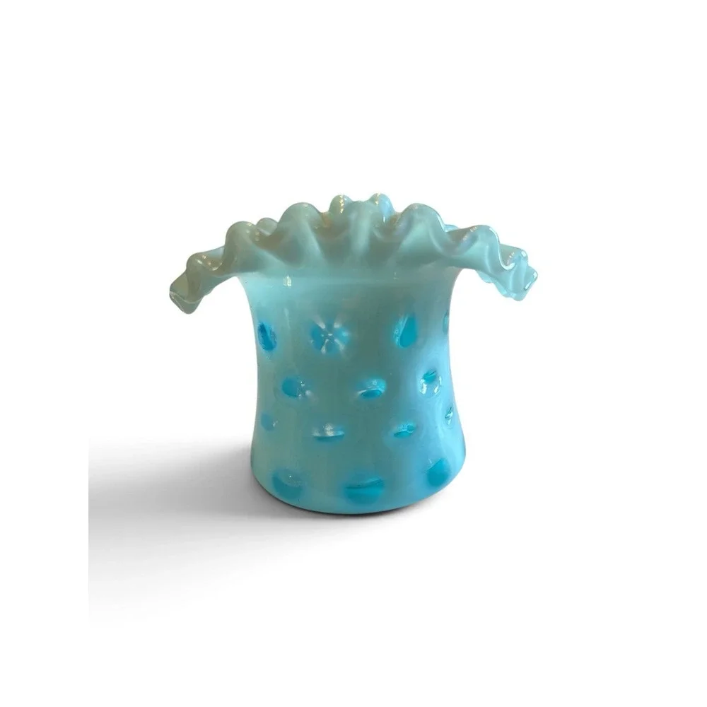 Fenton Turquoise/Aqua Opalescent Coin Dot Ruffled Glass Top Hat Vase 3